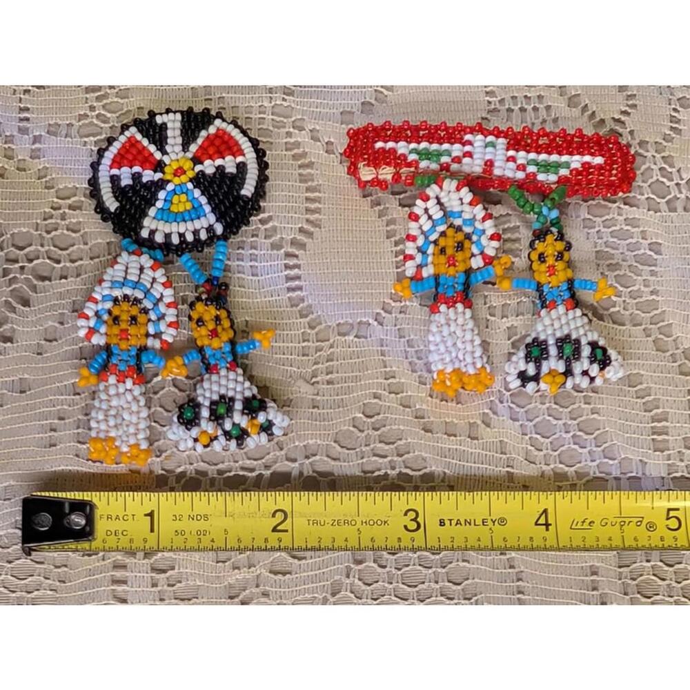 Vintage Native American Indian Seed Bead Headdress Man Woman Broach Brooch Pin